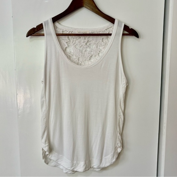 Zara| Feminine Ivory White Knit Lace Tank Top w/ Back Lace Panel Sz M - Picture 2 of 5